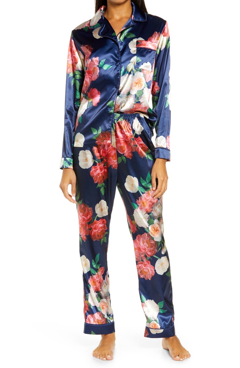 Chi Chi London Josie Floral Pajamas, Main, color, Navy