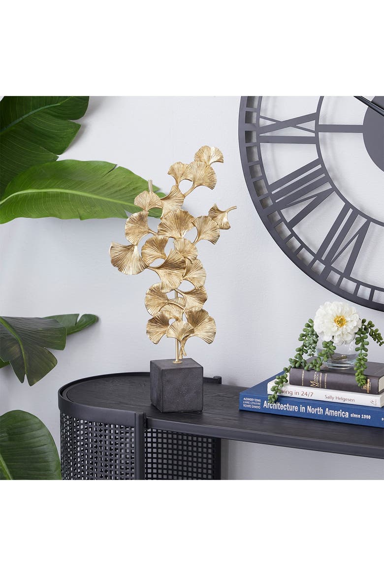 Handmade Floral Sculpture with Black Block BasePolystoneGold, Alternate, color, GOLD