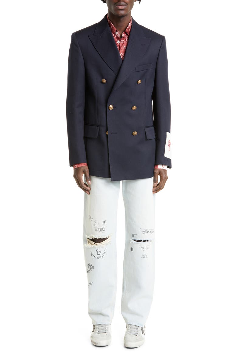 Crest Button Double Breasted Gabardine Blazer, Alternate, color, NAVY