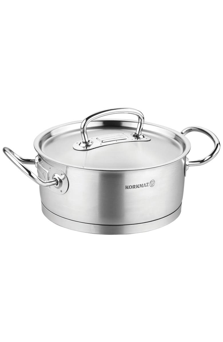 Korkmaz Proline Professional Series 4.5 Liter Stainless Steel Low Casserole with Lid, Main, color, Metallic Silver