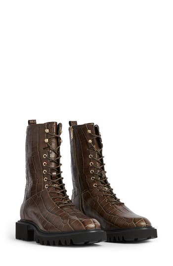 Allsaints Maren Croc-embossed Boot In Brown