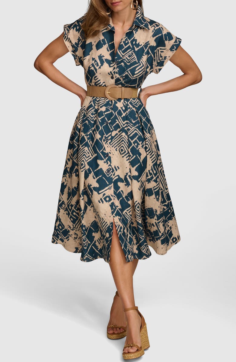 Donna Karan New York Abstract Print Belted Midi Linen Blend Shirtdress, Main, color, 
