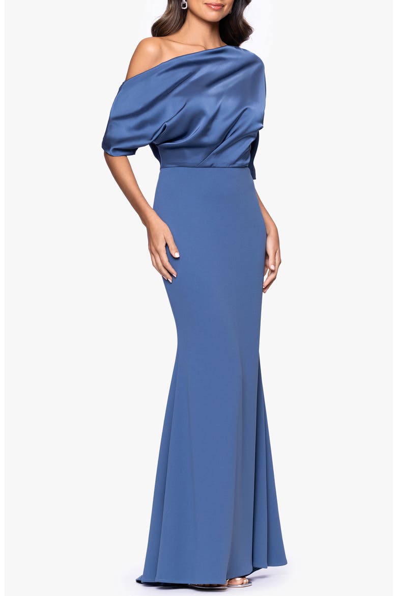 Scuba Crepe Satin One-Shoulder Gown, Alternate, color, SLATE
