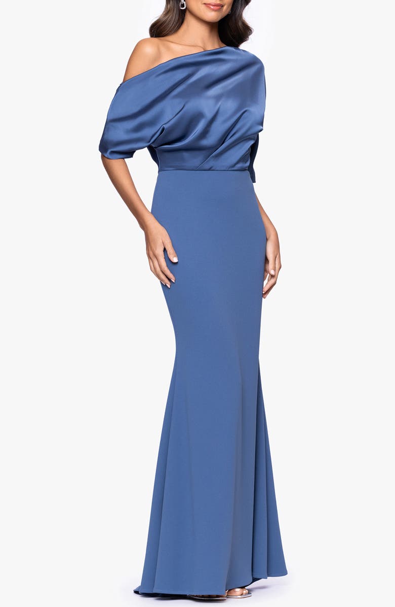 Betsy & Adam Scuba Crepe Satin One-Shoulder Gown, Alternate, color, Slate