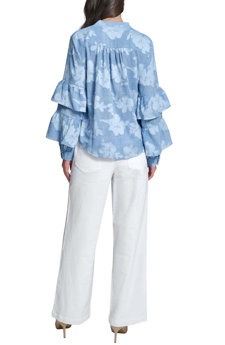 KARL LAGERFELD PARIS Floral Ruffle Denim Top, Alternate, color, Medium Wash