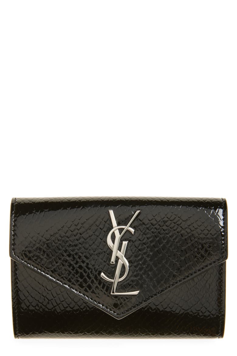 Small Cassandre Croc Embossed Leather Wallet, Main, color, NOIR