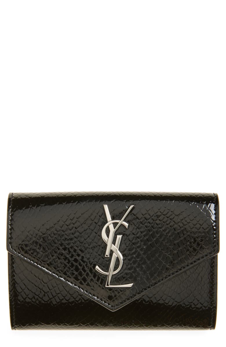 Saint Laurent Small Cassandre Croc Embossed Leather Wallet, Main, color, Noir