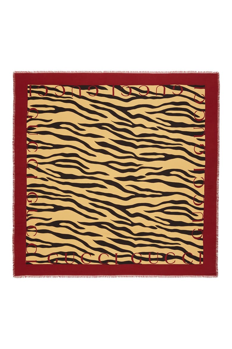Tiger Stripe & Logo Print Silk Twill Scarf, Main, color, BLACK/ RED