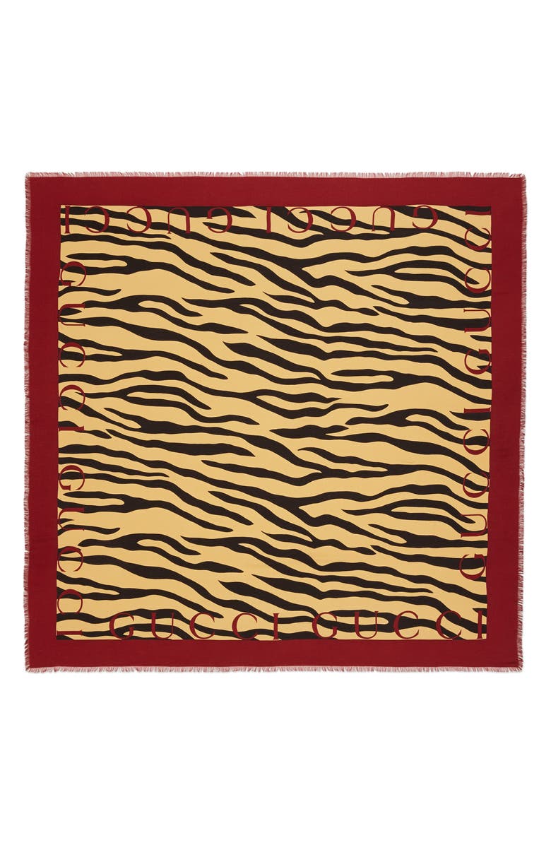Gucci Tiger Stripe & Logo Print Silk Twill Scarf, Main, color, 