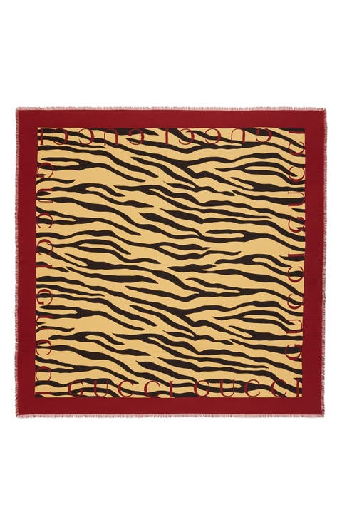 Tiger Stripe & Logo Print Silk Twill Scarf