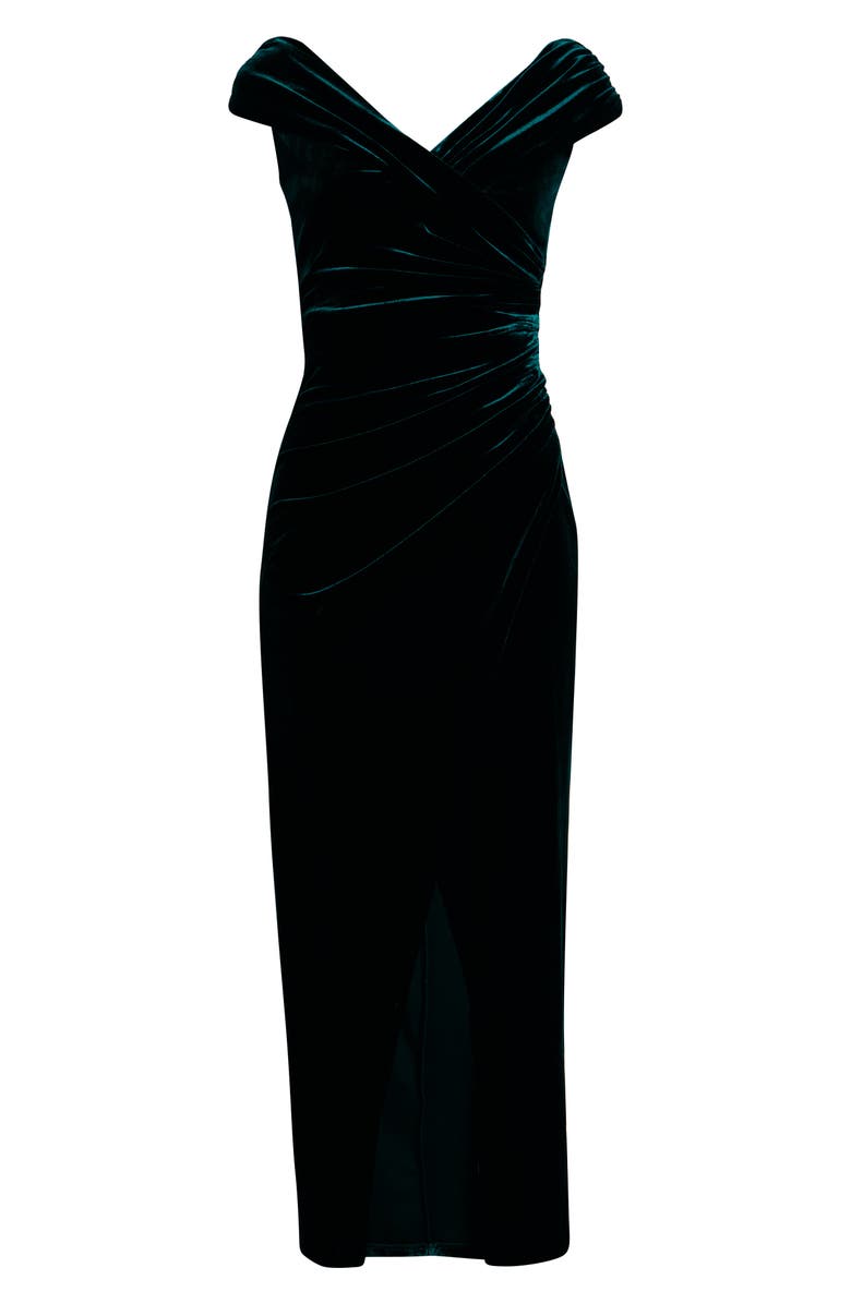 Vince Camuto Off the Shoulder Velvet Ruched Sheath Gown, Alternate, color, Hunter