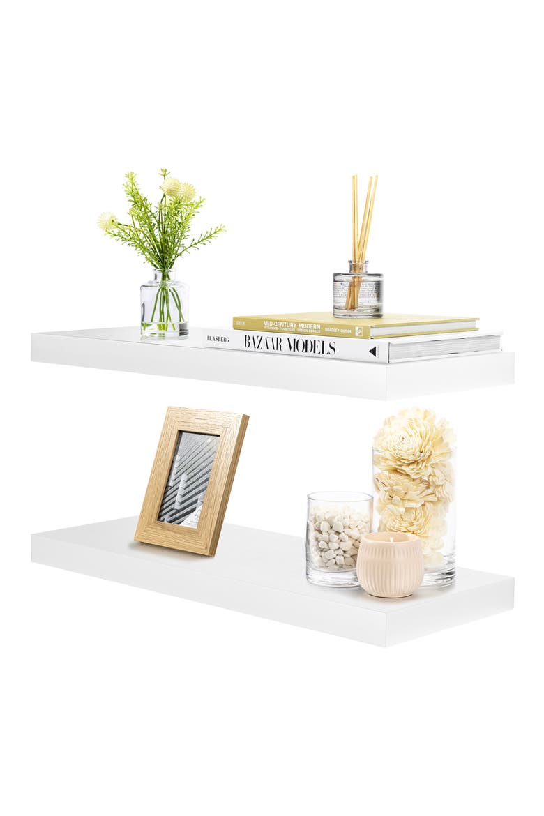 Set of 2 White Floating Rectangle Wall Shelves, Main, color, WHITE