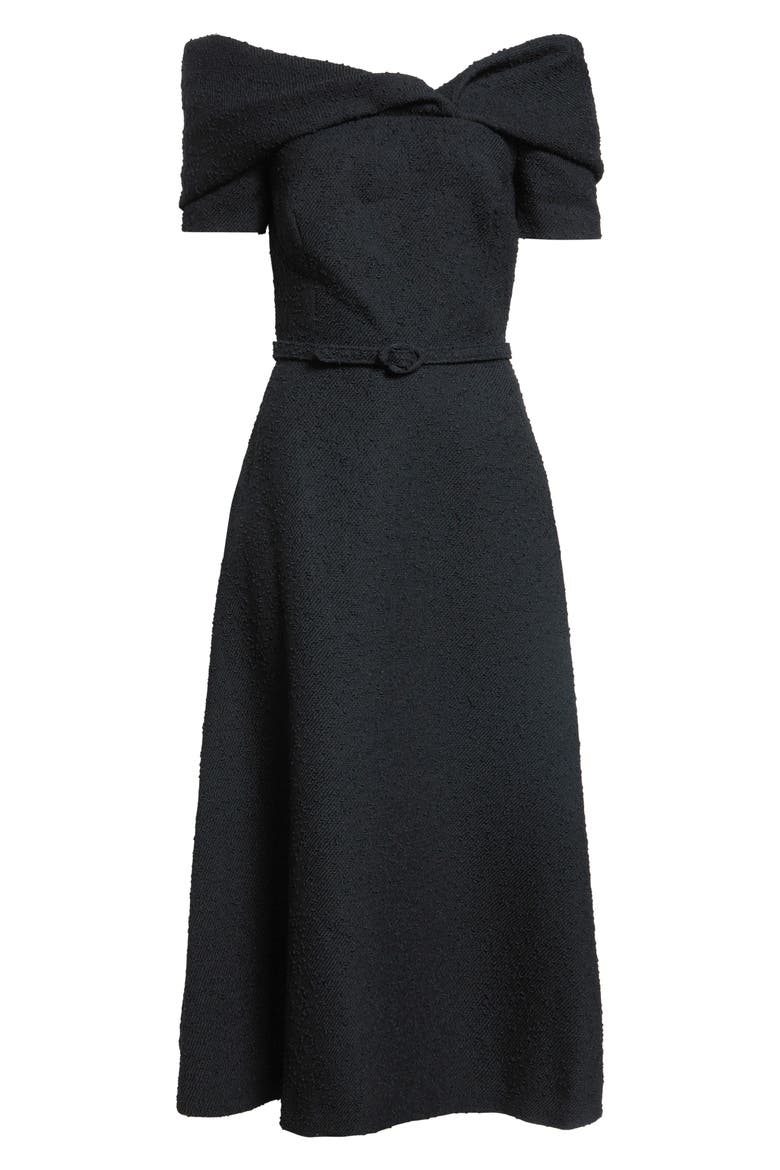 Slubby Off the Shoulder Tweed Midi Dress, Main, color, BLACK