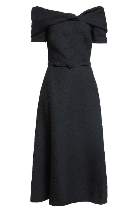 Slubby Off the Shoulder Tweed Midi Dress