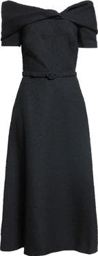 Oscar de la Renta Slubby Off the Shoulder Tweed Midi Dress