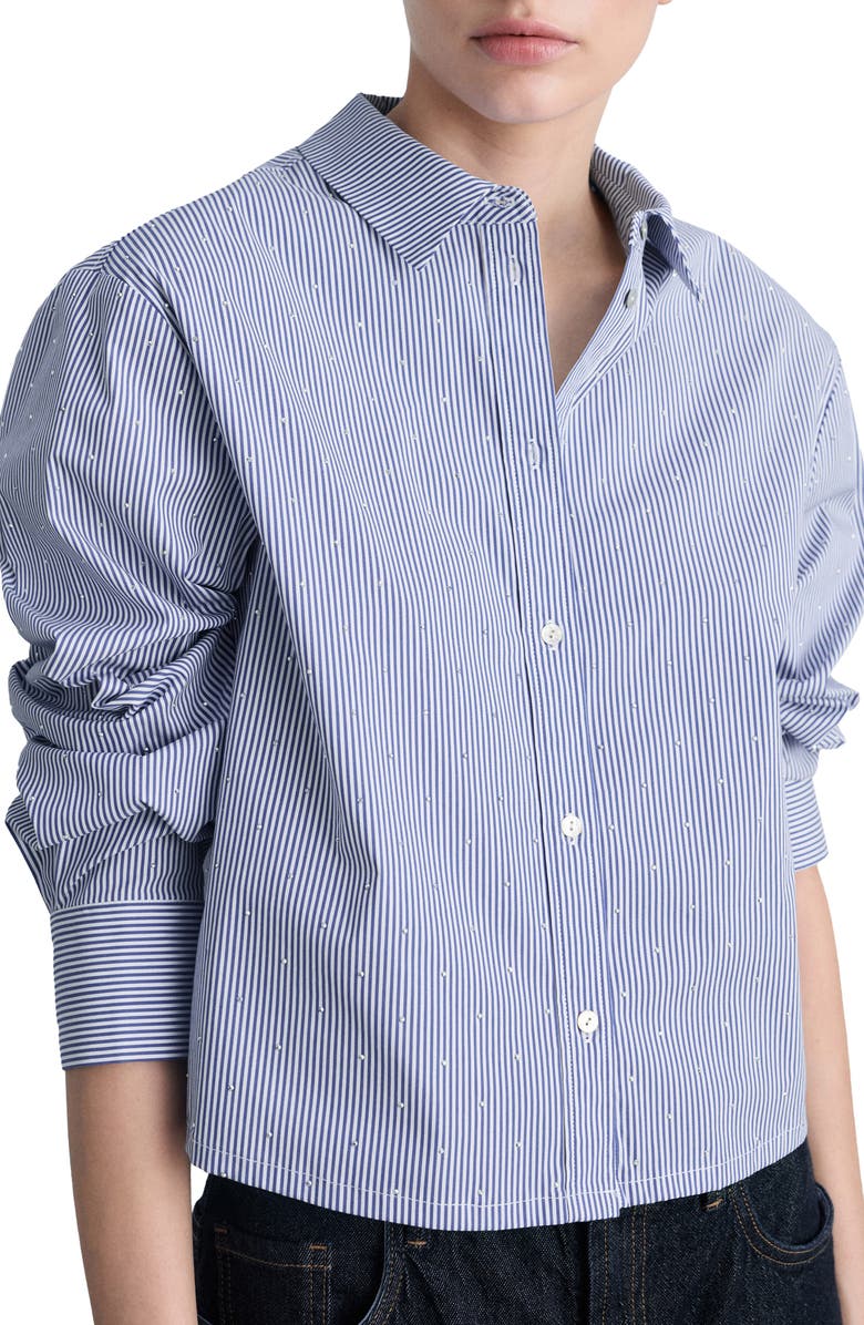 MANGO Embellished Stripe Cotton Blend Button-Up Shirt, Main, color,