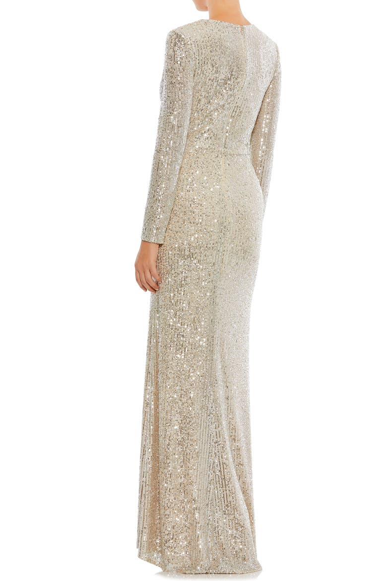Sequined Long Sleeve Faux Wrap Ruched Gown, Alternate, color, NUDE