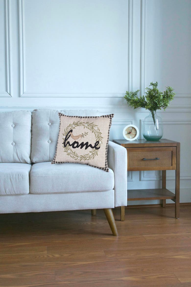 Wreathed Birds Home Embroidered Throw Pillow, 17" x 17", Alternate, color, Brown