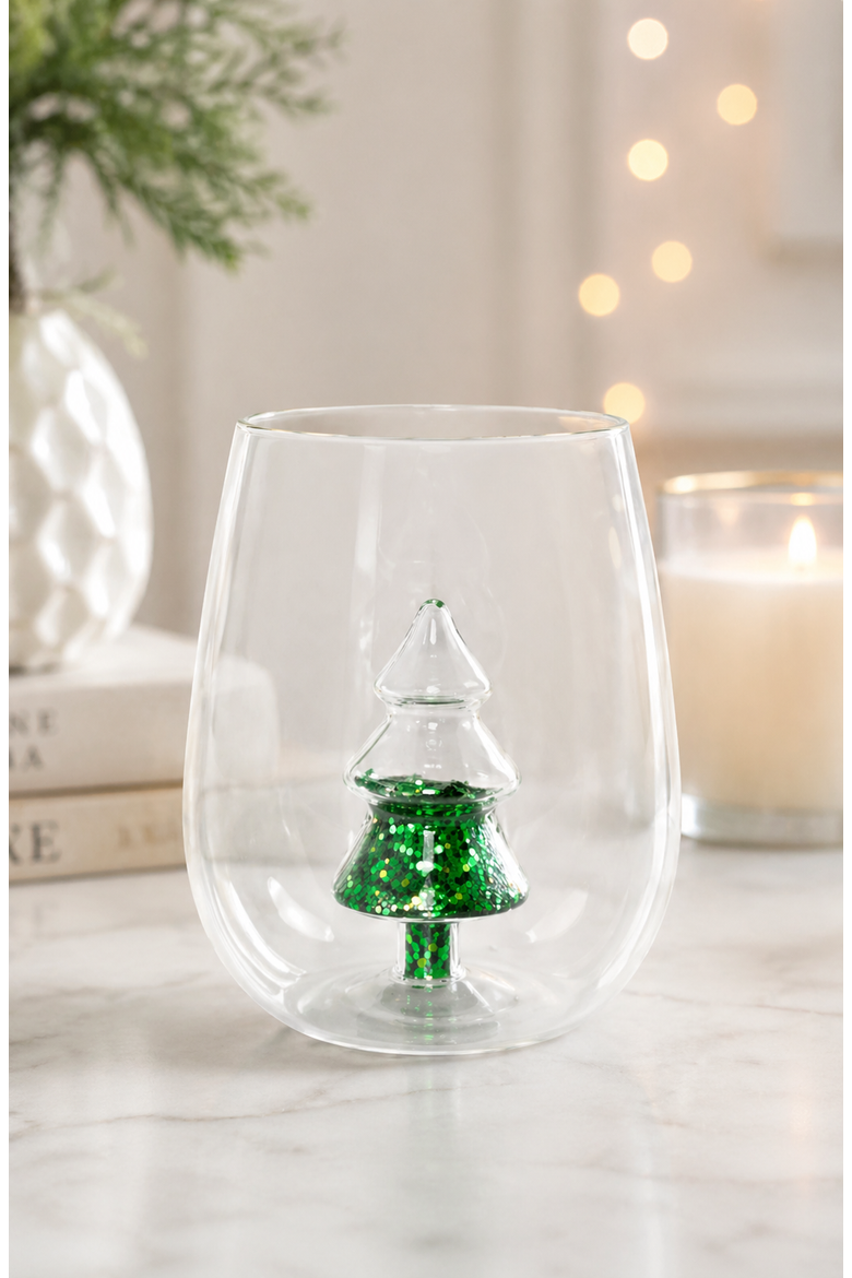 Glitter Christmas Tree Stemless Wine Glass, Set of 4, Alternate, color, Green