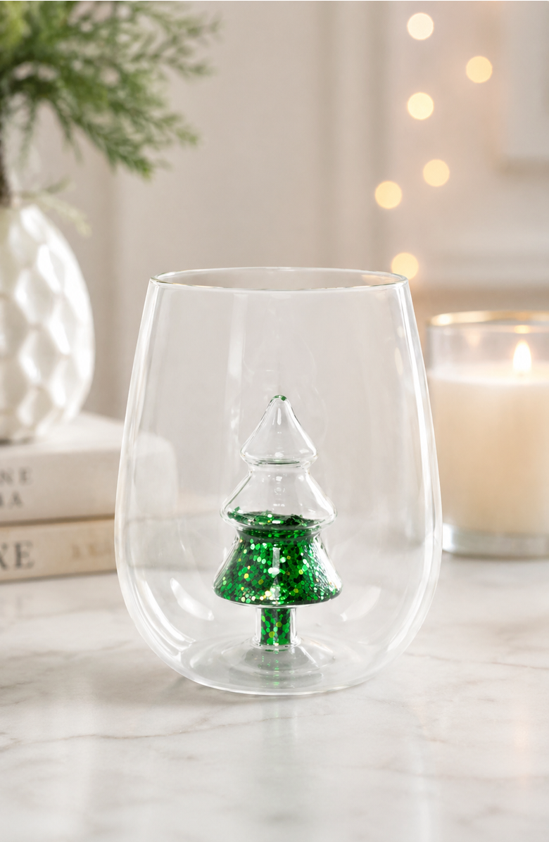 Jeanne Fitz Glitter Christmas Tree Stemless Wine Glass, Set of 4, Alternate, color, Green