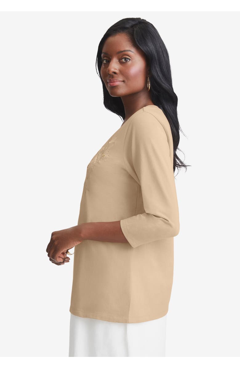 Jessica London Stretch Cotton Embroidered Tee, Alternate, color, Khaki Floral Embroidery