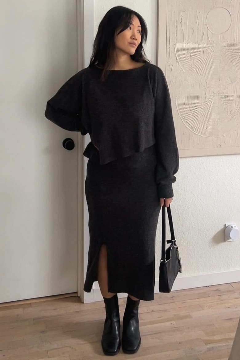 Ribbed Knit Asymmetric Top Midi Skirt Set, Alternate, color, Charcoal Grey