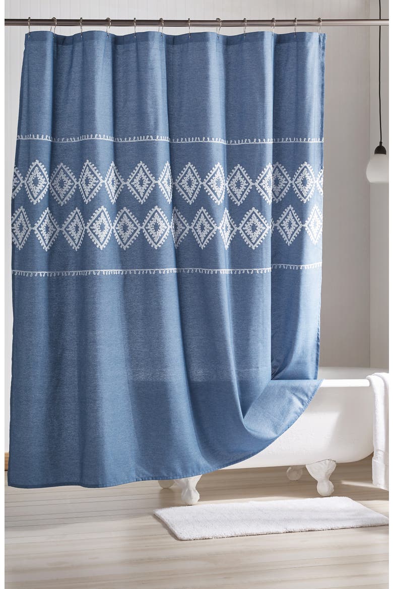 Geo Embroidered Chambray Shower Curtain, Main, color, BLUE