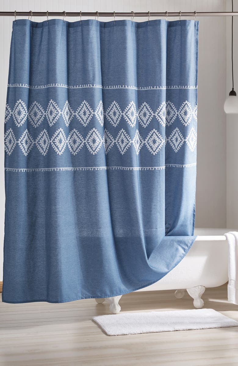 Peri Home Geo Embroidered Chambray Shower Curtain, Main, color,