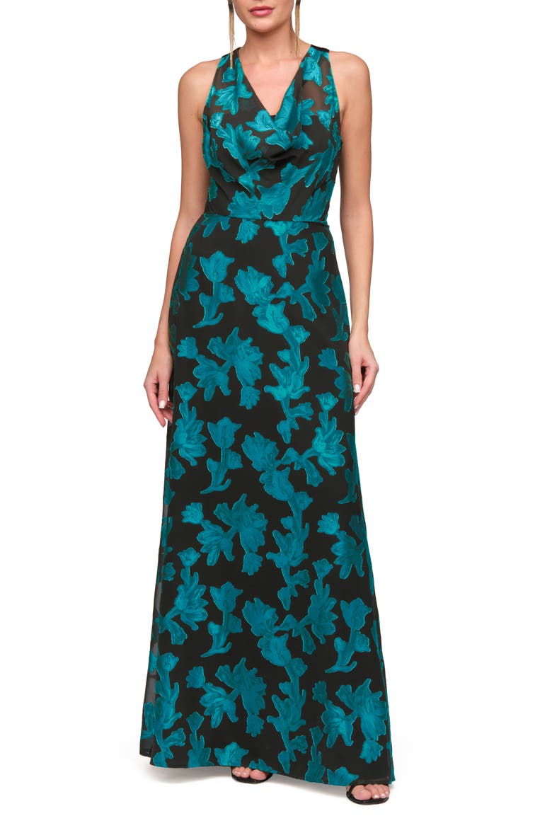 Melba Cowl Neck Chiffon Gown, Main, color, BLACK/ SEA