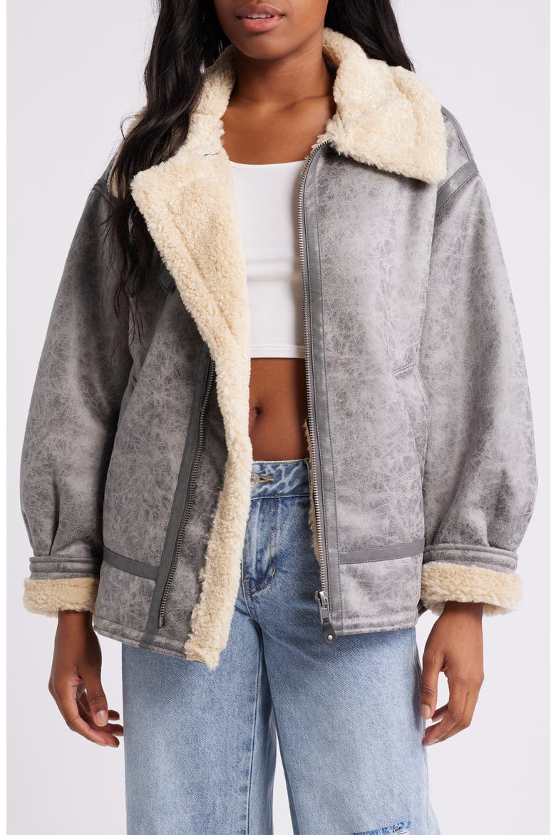 Faux Leather Longline Aviator Jacket, Main, color, GREY