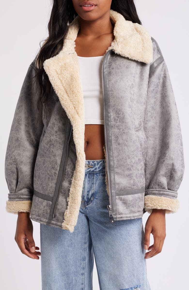 BDG Urban Outfitters Faux Leather Longline Aviator Jacket, Main, color, Grey