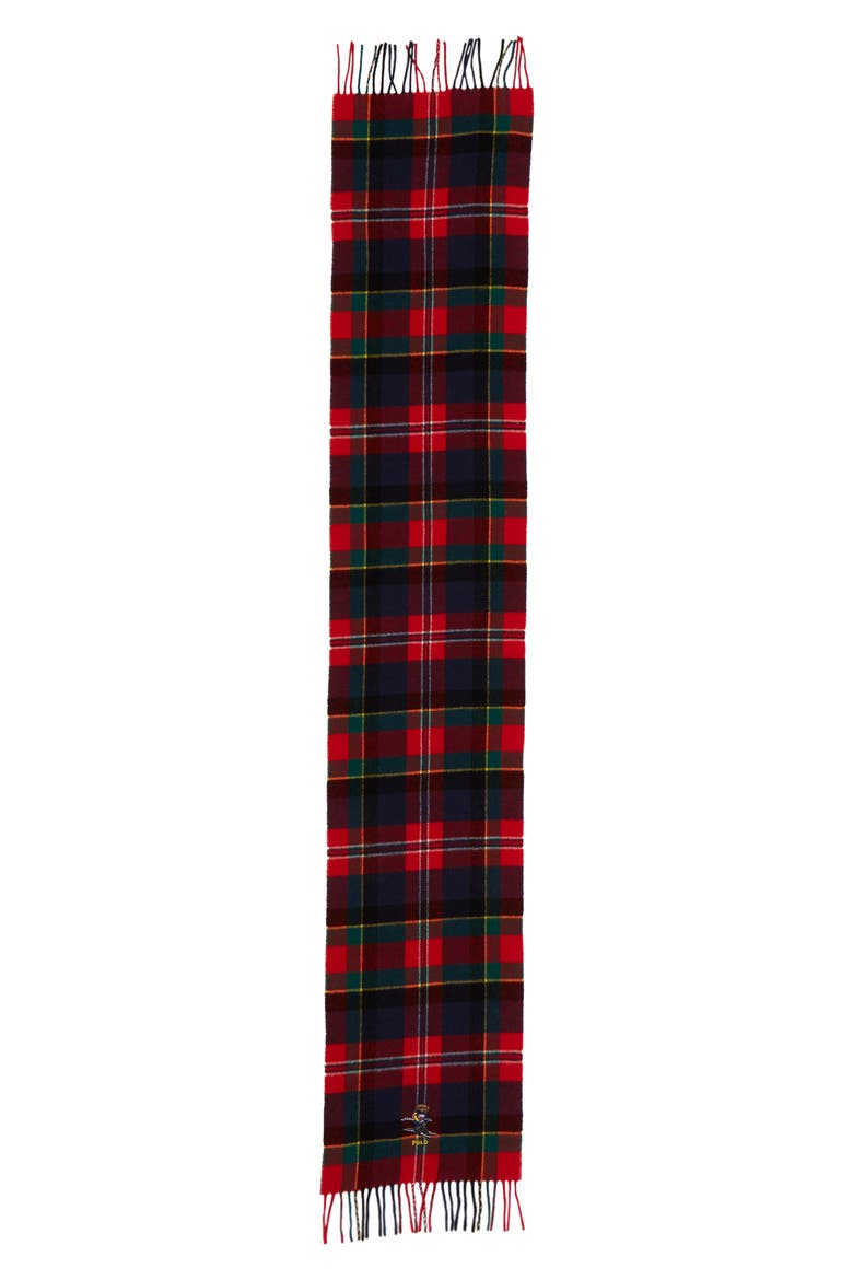 Embroidered Bear Tartan Wool Scarf, Alternate, color, RED TARTAN
