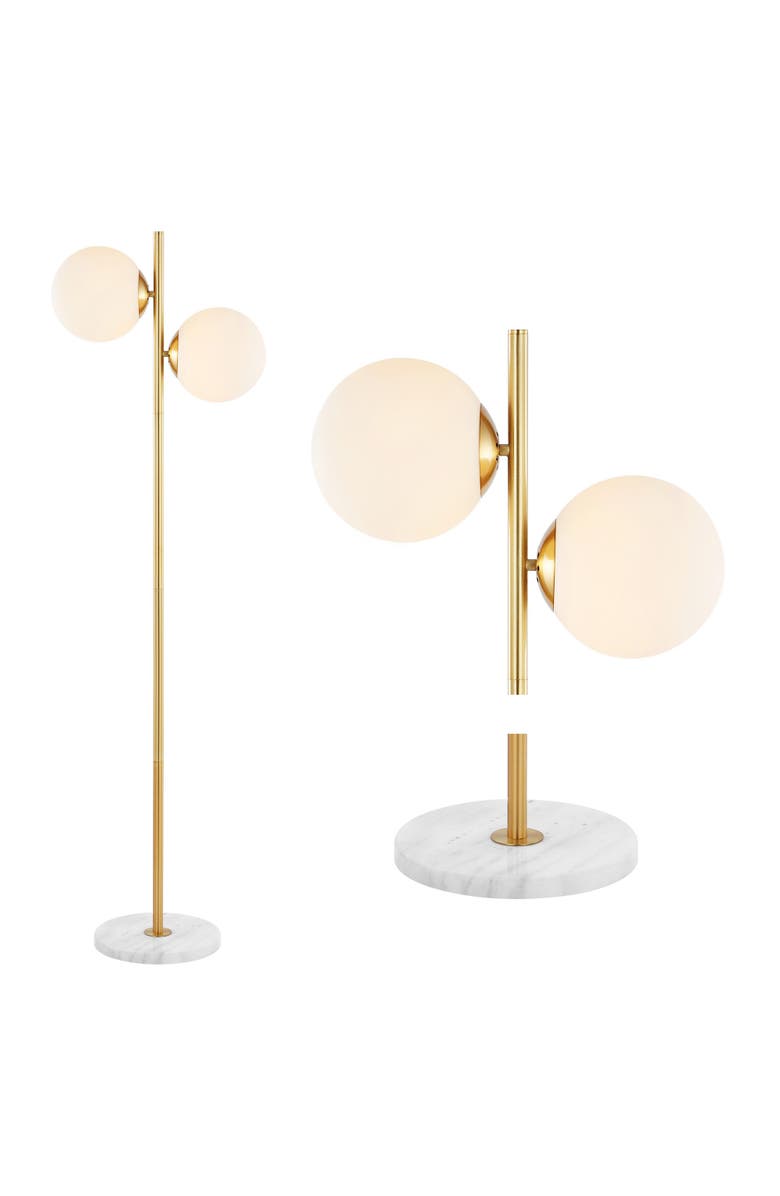 JONATHAN Y Oscar 60.5" 2-Light Modern Parisian Candlestick Iron LED Floor Lamp, Brass Gold/White, Main, color, Brass Gold