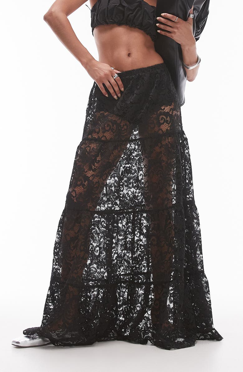 Topshop Tiered Sheer Lace Maxi Skirt, Main, color, 