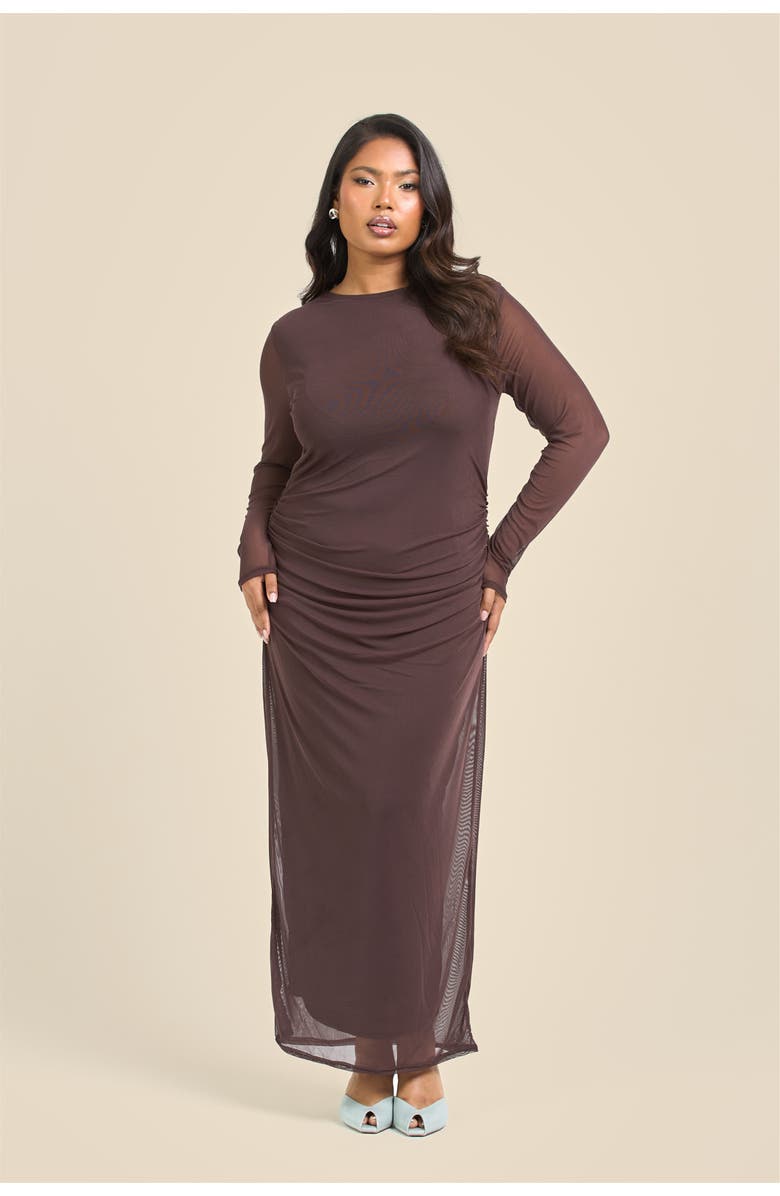 FASHION-SZN CURVE Elegant Mesh Maxi Dress, Alternate, color, Brown