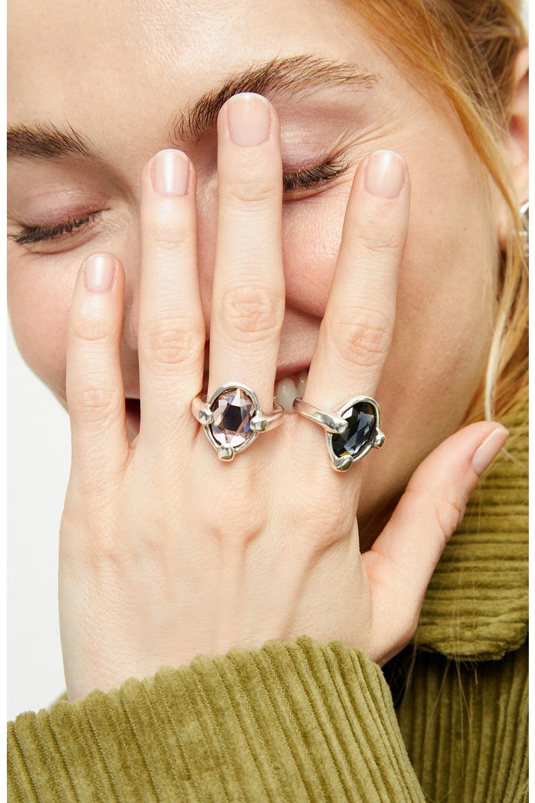 Sterling Silver Plated Ring with Black Faceted Crystal, Alternate, color, Silver
