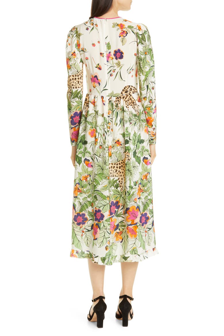 Jungle Print Long Sleeve Silk Midi Dress, Alternate, color, LATTE