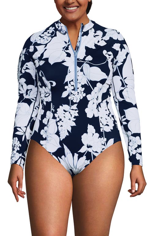 Lands' End Plus Size Tugless Long Sleeve Rash Guard One Piece Swimsuit In Deep Sea Navy/white Lilies