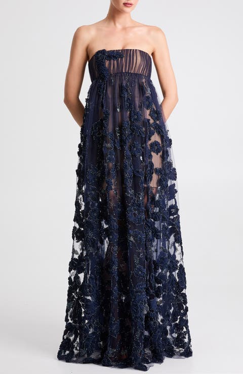 Beatrice Strapless 3D Embellished Floral Sheer Gown