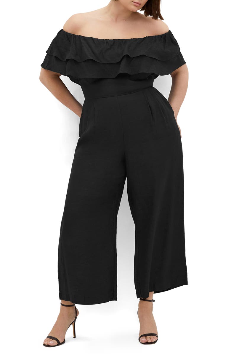 City Chic Poppy Ruffle Off the Shoulder Jumpsuit, Main, color, Black