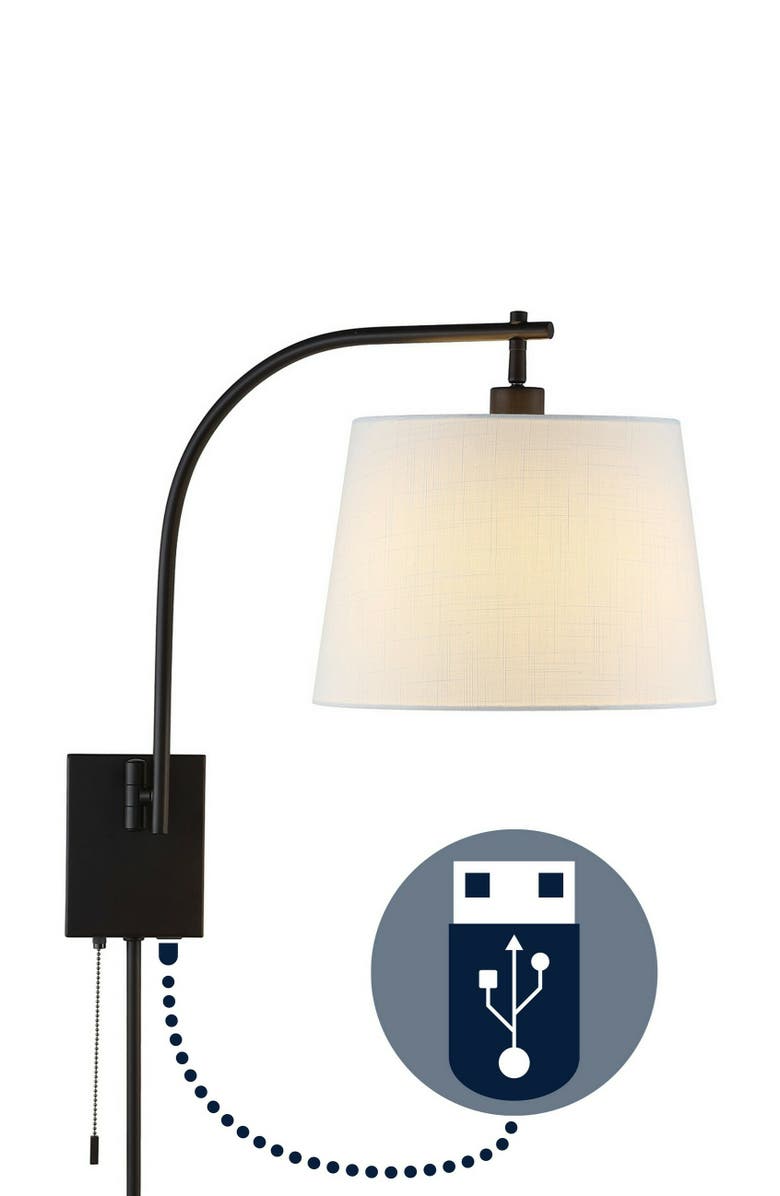 JONATHAN Y Gosling 22.5" 1-Light Mid-Century Modern Plug-In or Hardwired Iron LED Gooseneck Swing Arm Wall Sconce with Pull-Chain and USB Charging Port, Oil Rubbed Bronze, Main, color, 