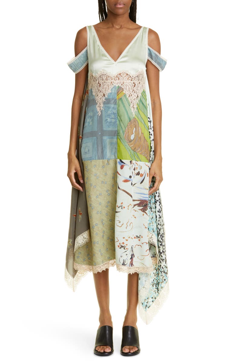 Marine Serre Silk Scarf Patchwork Cold Shoulder Dress, Main, color,