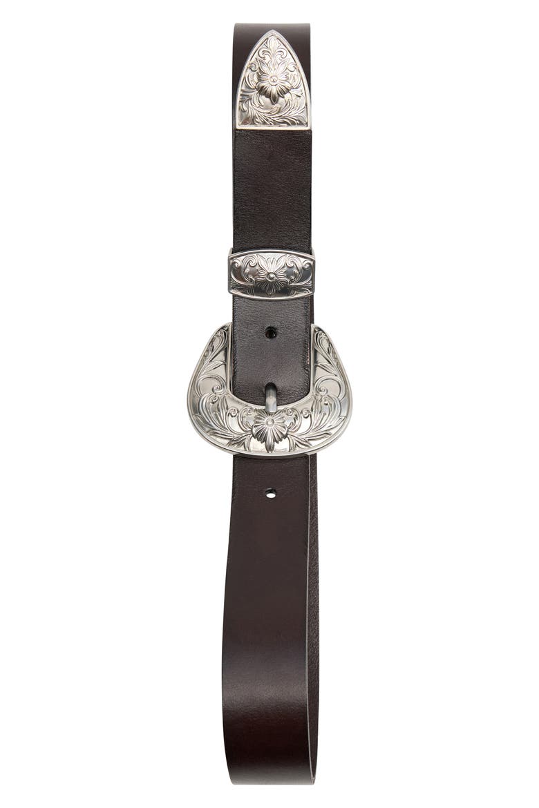 Engraved Buckle Leather Belt, Alternate, color, CHOCOLATE