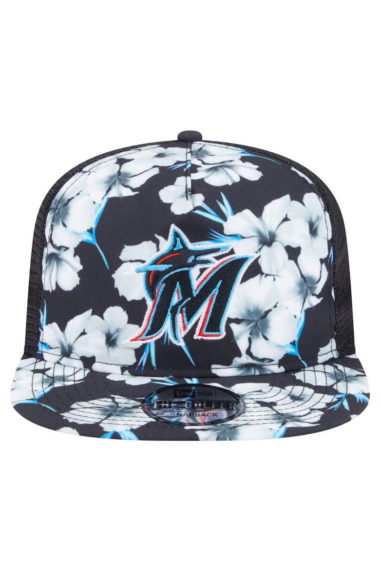 Men's New Era Black Miami Marlins Adventure Pattern Golfer Trucker Snapback Hat, Alternate, color, Black