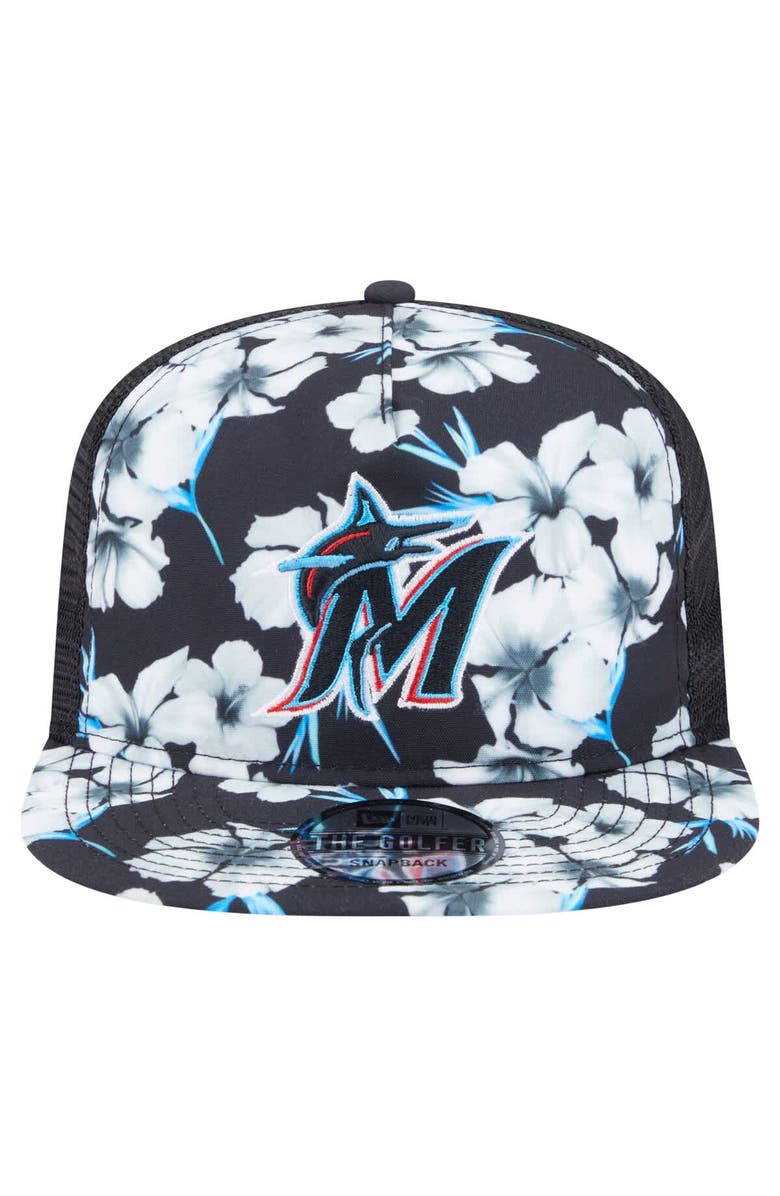 New Era Men's New Era Black Miami Marlins Adventure Pattern Golfer Trucker Snapback Hat, Alternate, color, Black