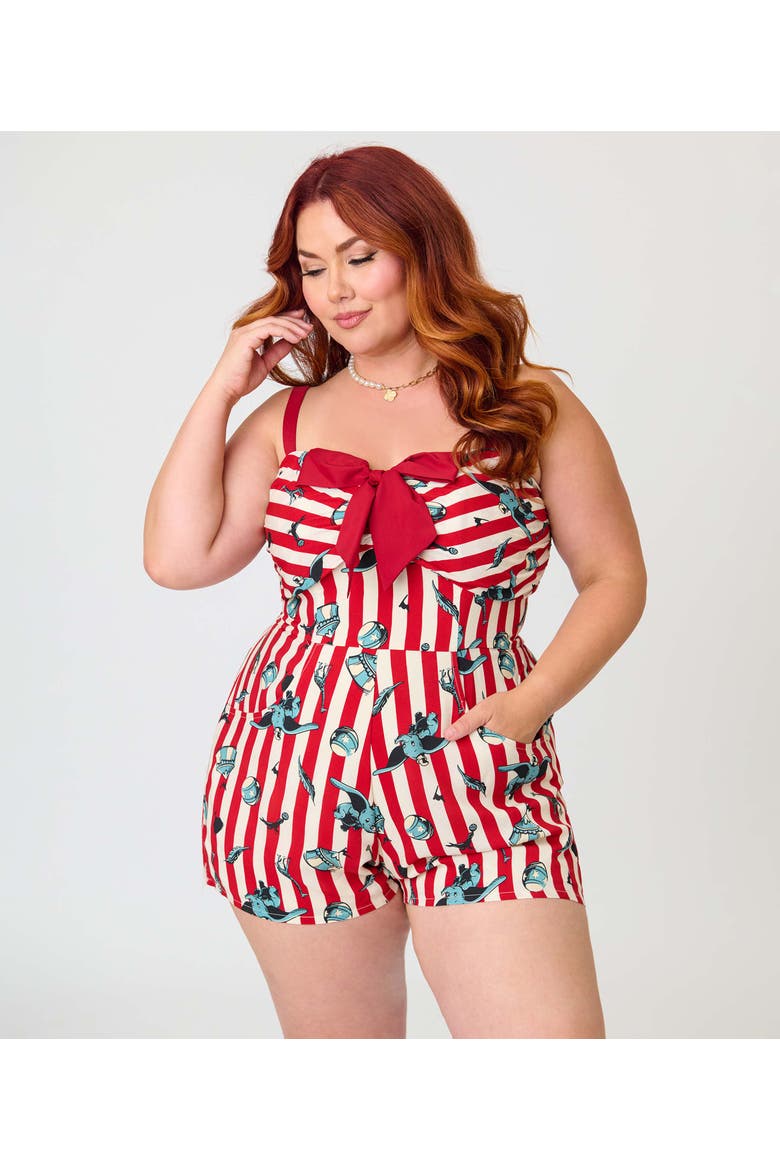 Plus Size 1950s Spaghetti Strap Romper, Alternate, color, White & Red w/ Elephant Print