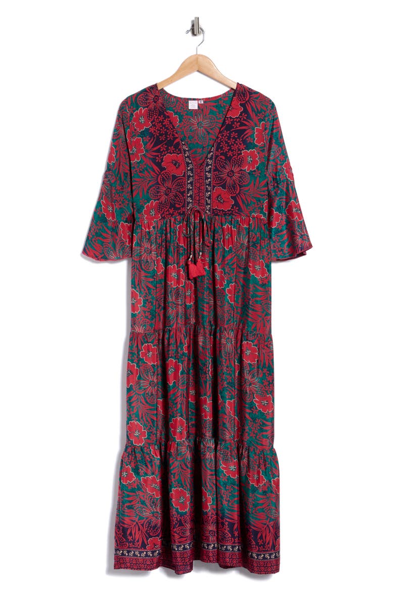 Three Quarter Sleeve Maxi Dress, Alternate, color, RED/ GREEN
