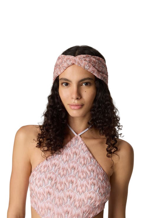 Headband In Lamé Viscose With Foliage Pattern