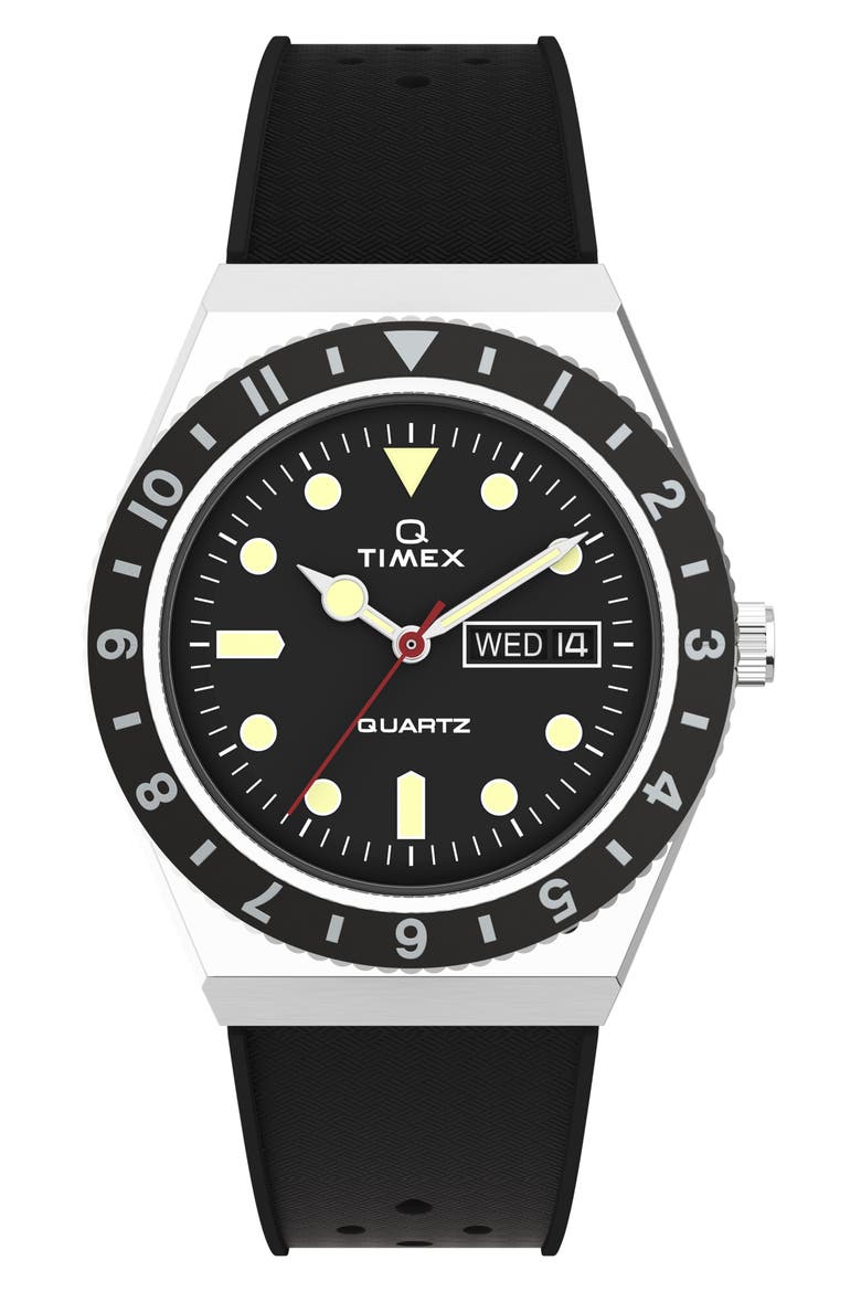 Q Timex Silicone Strap Watch, 38mm, Main, color, SILVER/ BLACK/ BLACK