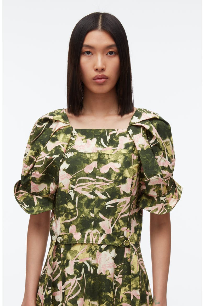 Bloom Sleeve Belted Cotton Midi Dress, Alternate, color, OLIVE FLOATING IRIS